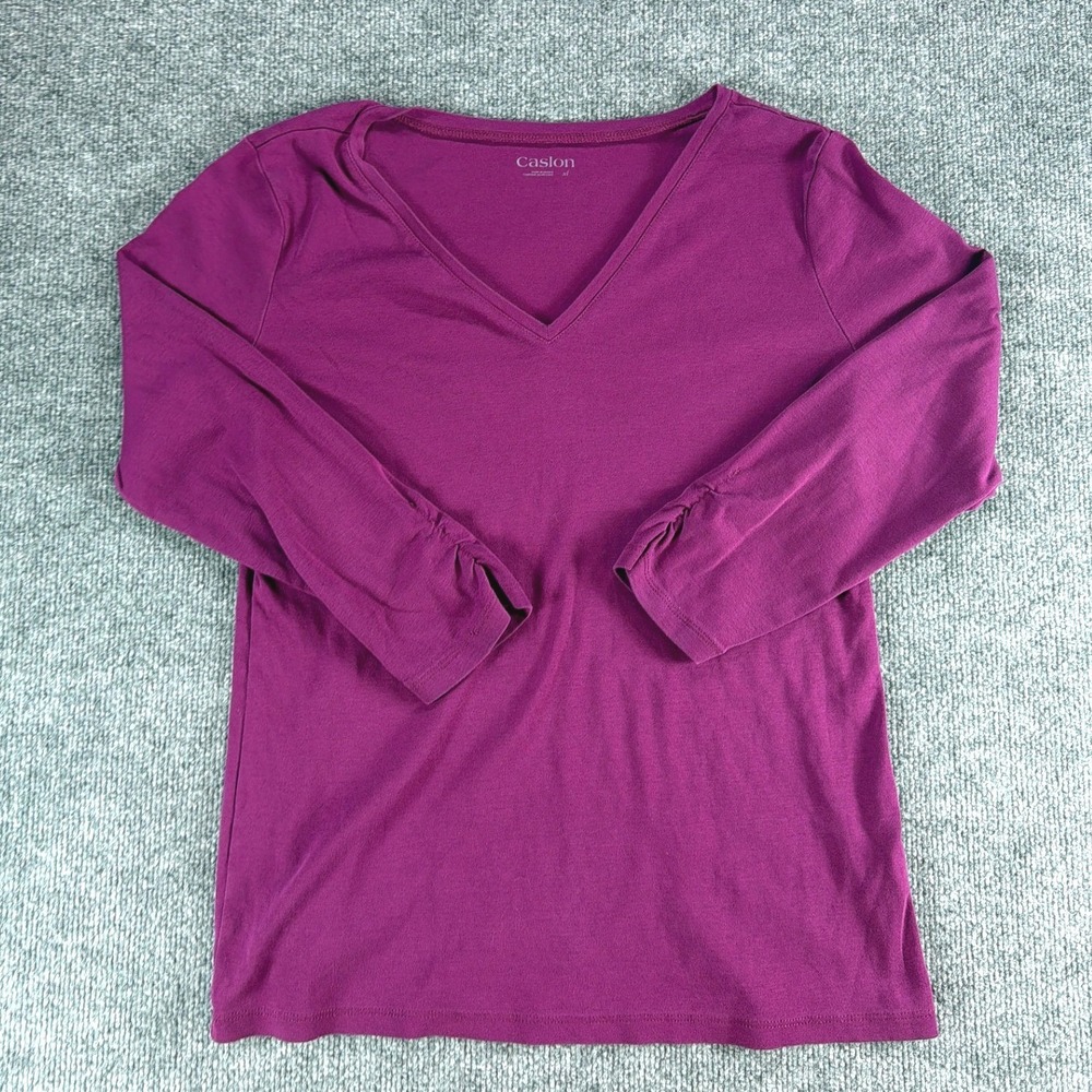 Caslon Womens XL Magenta Purple V-Neck 3/4 Ruched Sleeve Cotton Knit Top